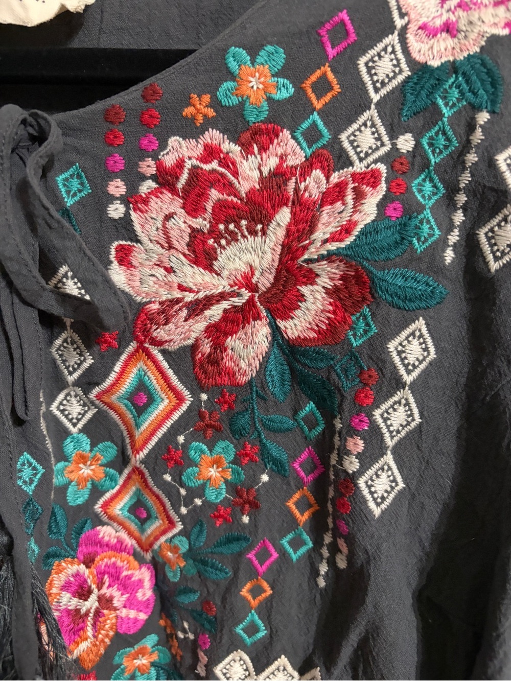 💜 2X Savanna Jane Charcoal Floral Embroidered Boho Blouse with Pink and Teal - Picture 3 of 11